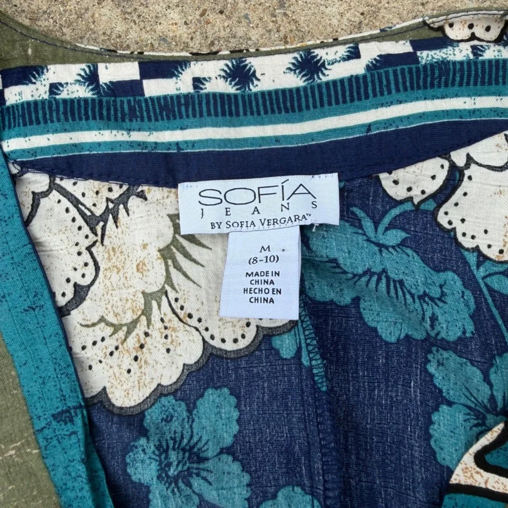 Sofia Jeans by Sofia Vergara Floral Faux Wrap Midi Dress Navy Teal Womens Medium - Picture 4 of 7